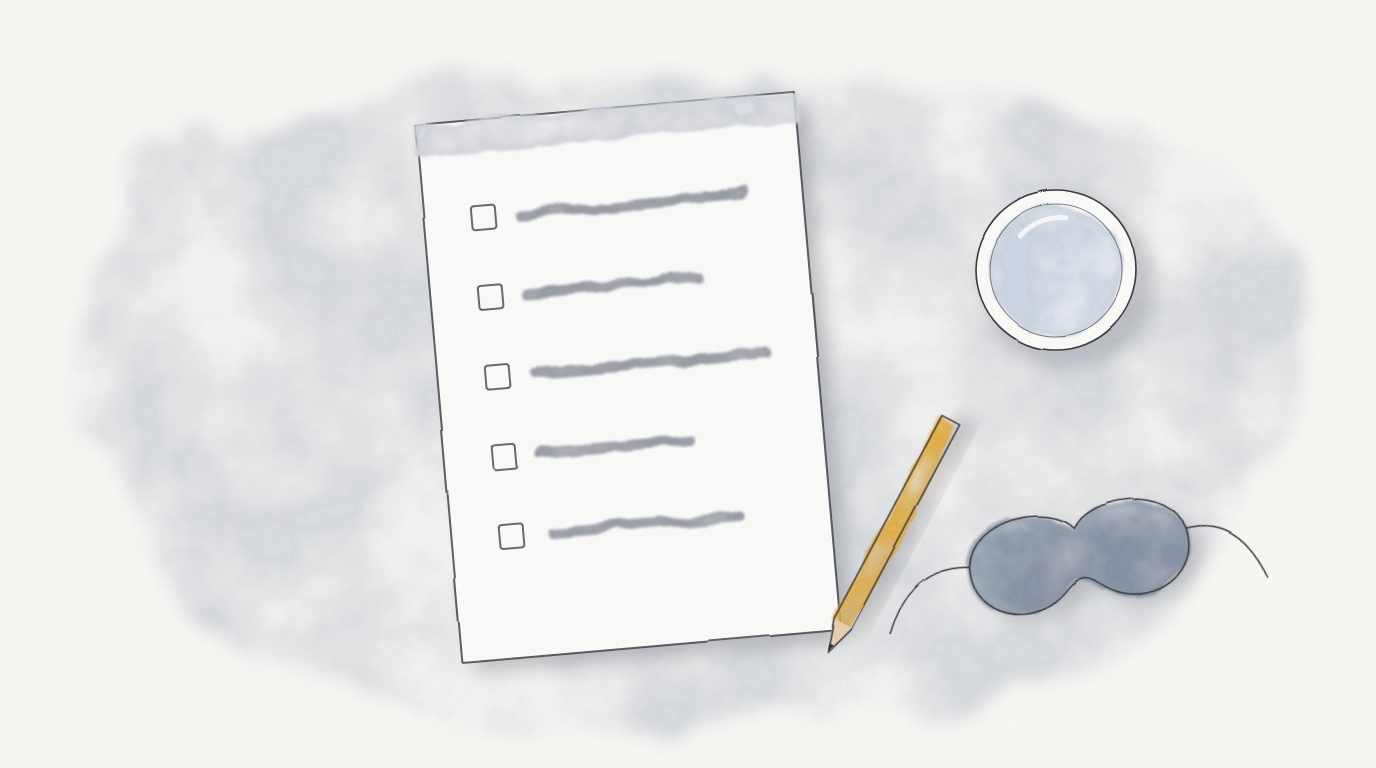A notepad with a short list of lines, each with an empty tick box, a pencil beside it, a glass of water and a sleep mask.