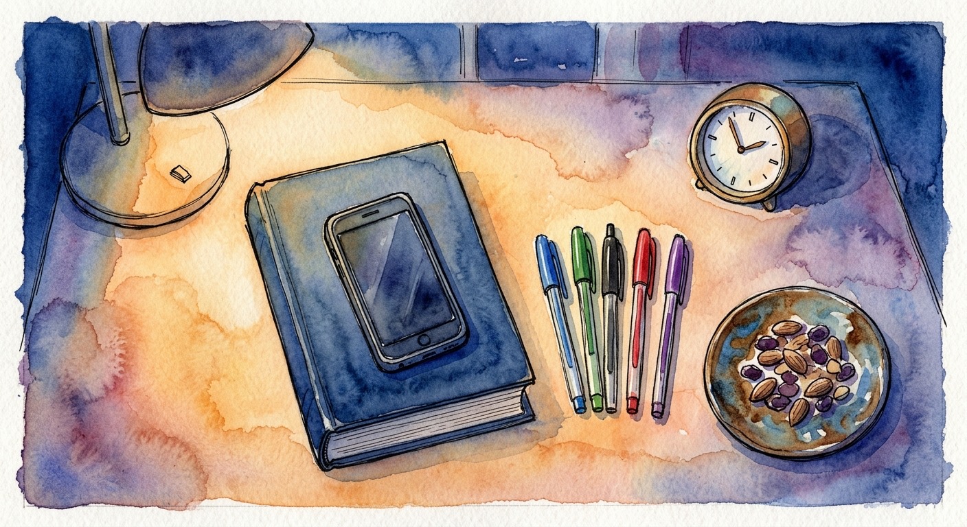 A desk under lamp light. A closed textbook sits under a phone, five pens are lined up neatly beside a bowl of nuts, and a small clock waits in the corner.