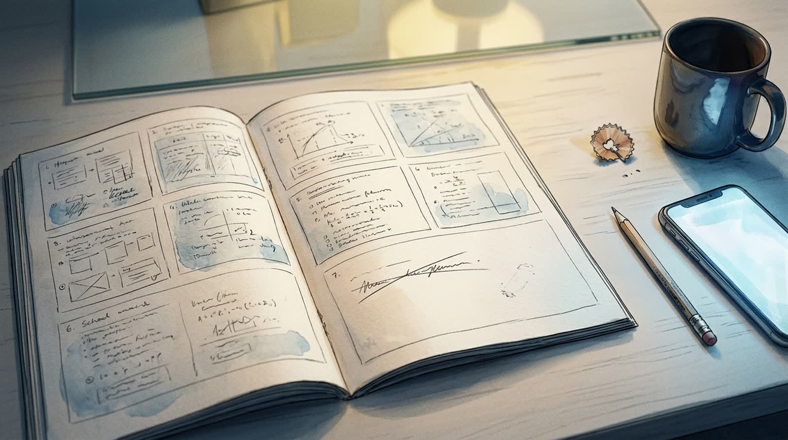 An exercise book open on a desk late at night beside a phone, a pencil and a mug. Six questions are worked through in pencil and the seventh is crossed out and unfinished.