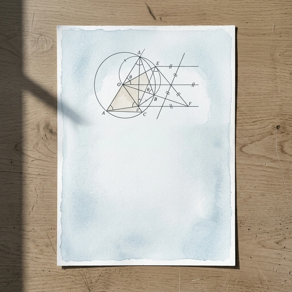 The same geometry question, printed on an exam paper on a bare desk in daylight, with nothing else on the desk to look anything up with.