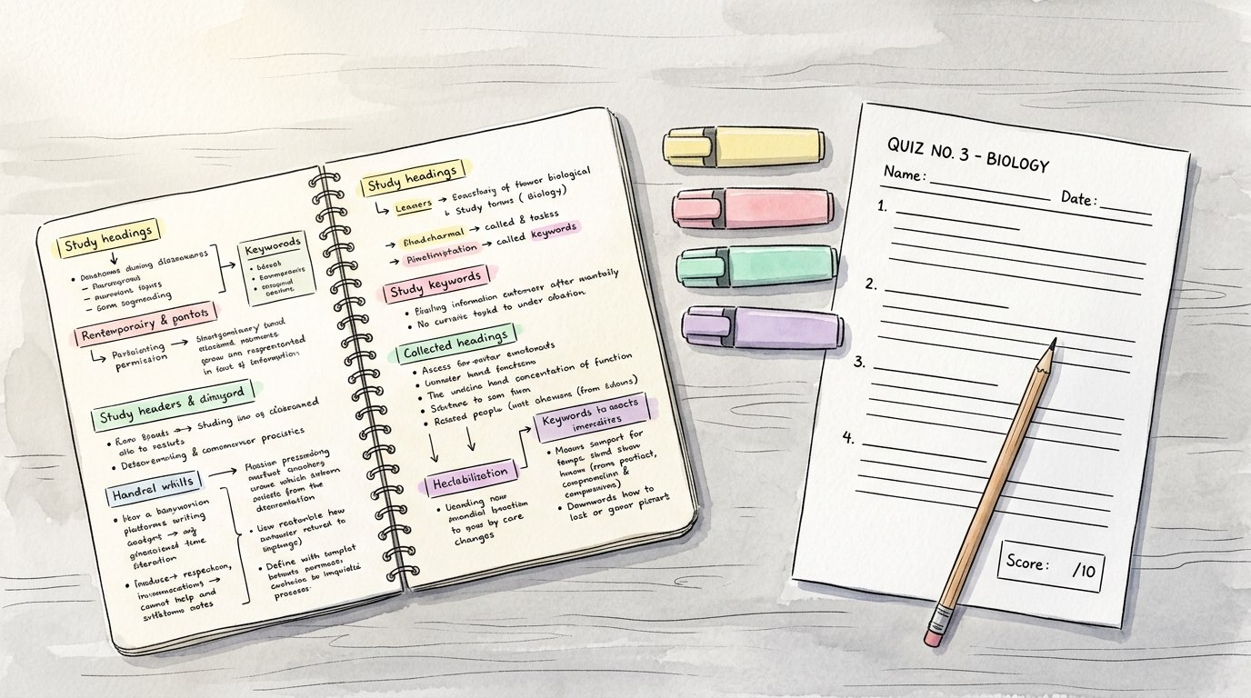 A notebook full of neat colour coded notes and four pastel highlighters beside a biology quiz sheet with every answer line still blank.