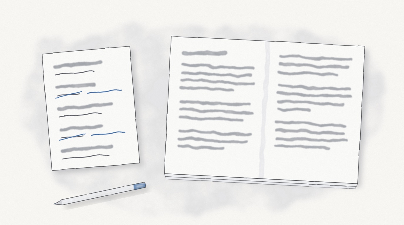 An open textbook beside a small sheet of five guessed answers, two of them crossed out and fixed in blue, with a blue pen resting below.