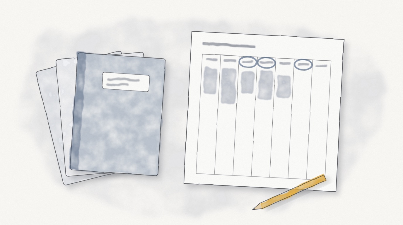Three course notebooks fanned on a desk beside a week planner with study blocks pencilled in and three exam days circled in blue, a pencil resting on the sheet.