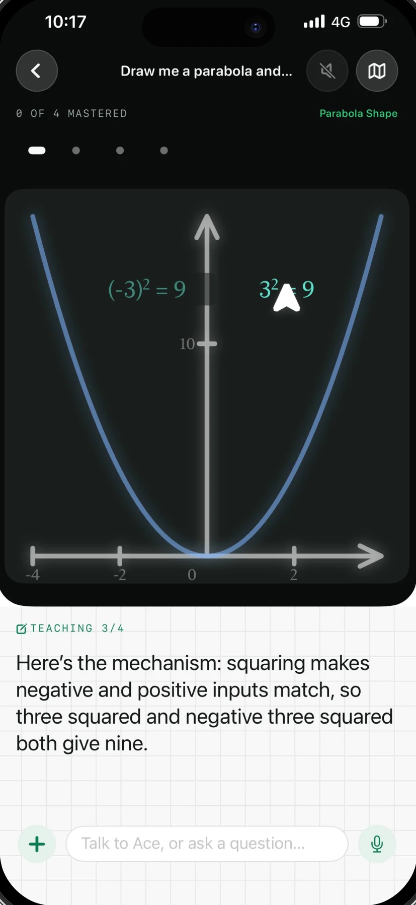 Ace teaching the shape of a parabola, step three of four, with the curve drawn out on screen