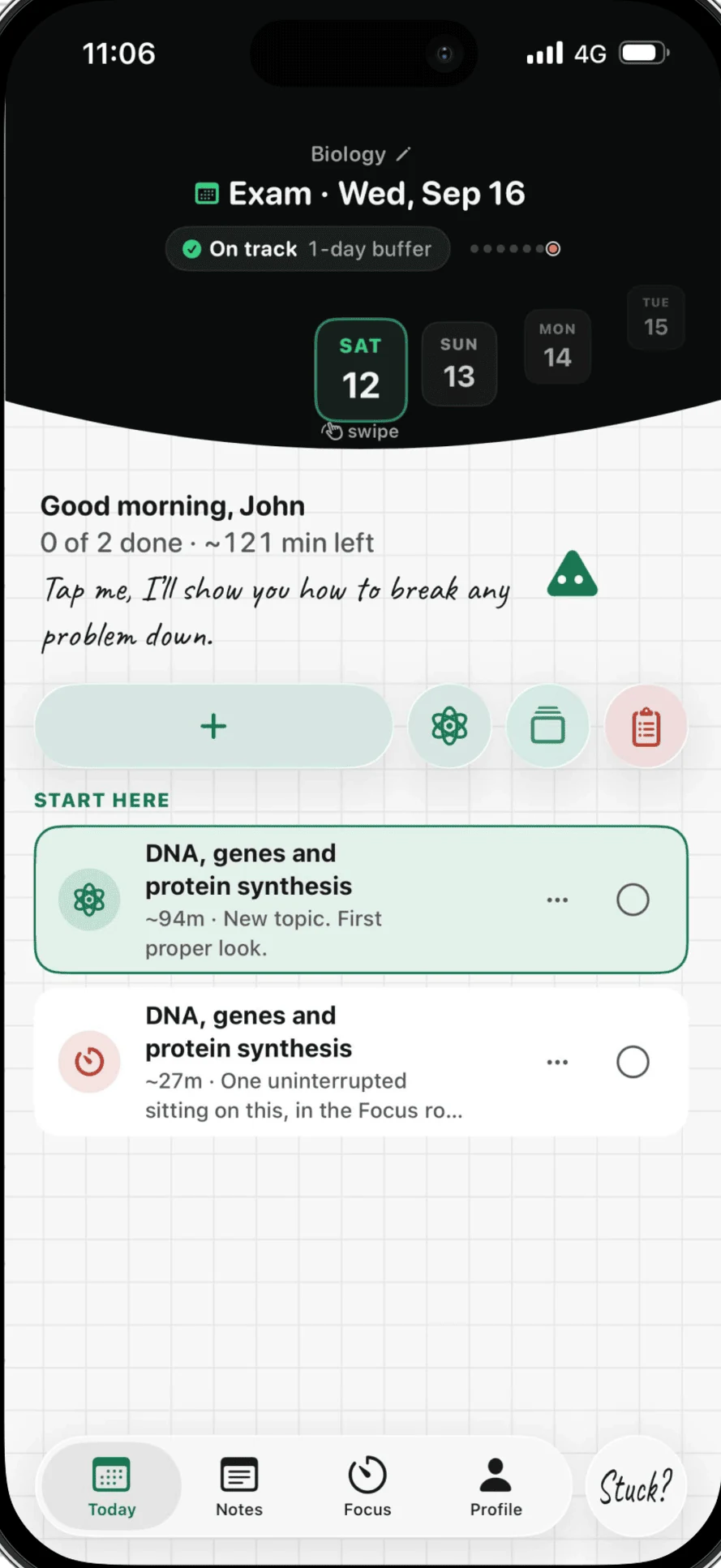 Today under a Biology exam set for Wed 16 Sep: two blocks on DNA, genes and protein synthesis, about 121 minutes left