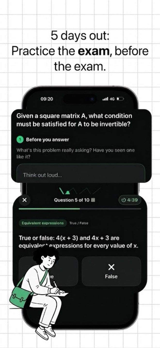 A timed practice question on invertible matrices, asking what the problem is really about before you answer. Headline: 5 days out, practise the exam before the exam.