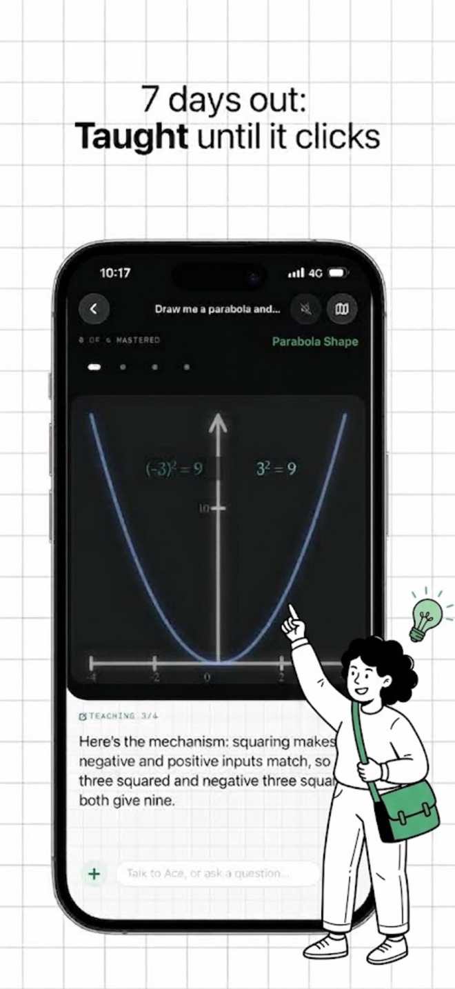 Ace explaining on a drawn parabola why three squared and negative three squared both give nine. Headline: 7 days out, taught until it clicks.