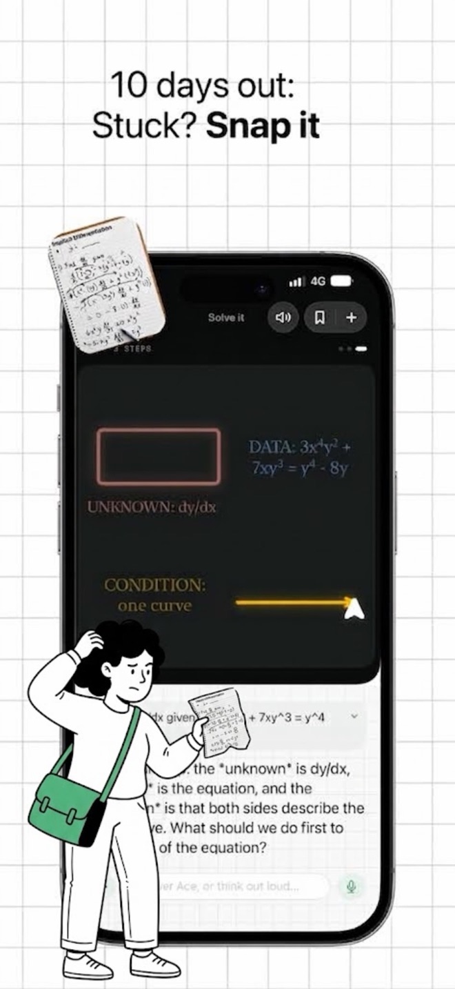A photographed calculus question broken into the unknown, the data and the condition. Headline: 10 days out, stuck? Snap it.
