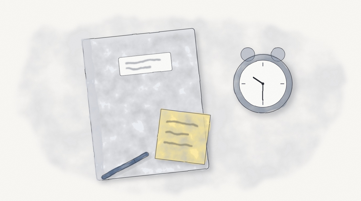 A closed notebook with a yellow sticky note on its cover and a capped pen beside it, next to an alarm clock showing half past ten.