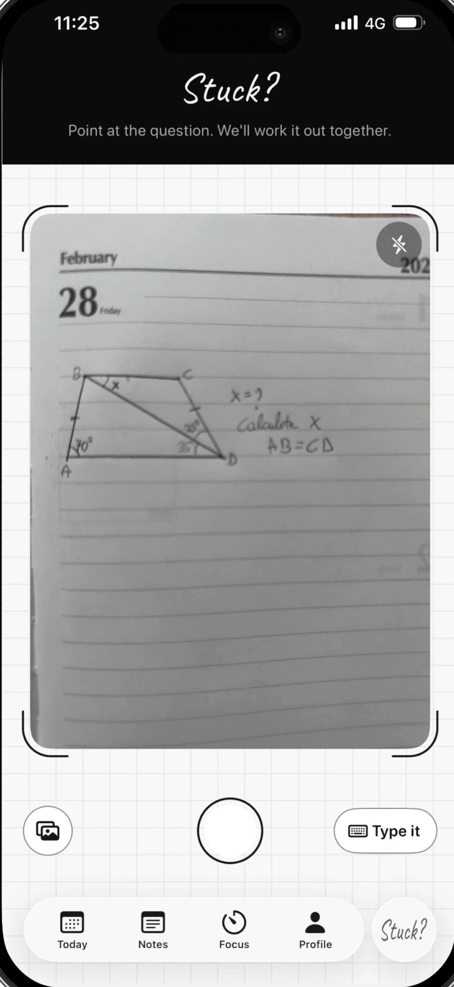 Stuck? pointing the camera at a handwritten geometry question