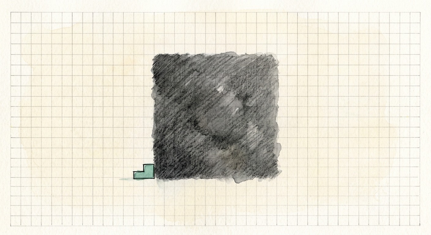 A huge block of heavy pencil shading on graph paper, with one tiny green step drawn at its bottom left corner.