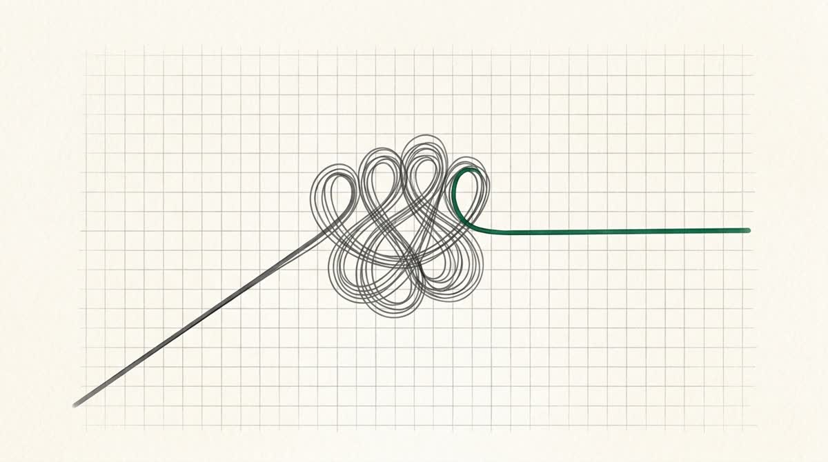 A pencil line that loops back on itself into a tight knot, then straightens into one clean green stroke.