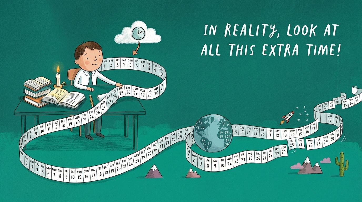 An illustrated student at a desk unrolling a long paper calendar strip that loops around the room and out past a globe, with hand lettering that reads In reality, look at all this extra time.