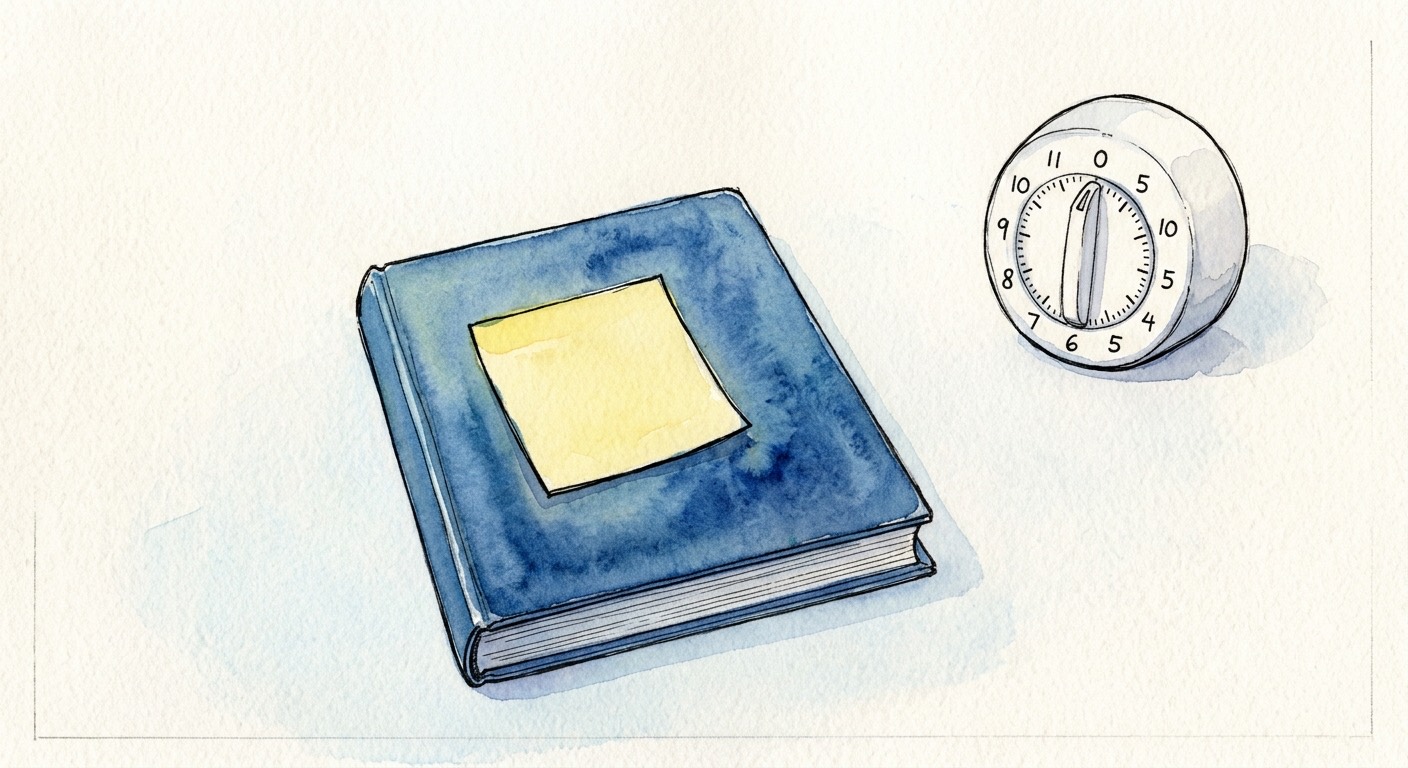 A closed notebook with one blank yellow sticky note on the cover, and a wind up kitchen timer beside it.