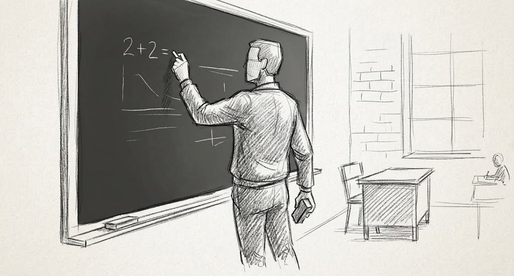 Pencil sketch of a teacher writing 2+2= on a chalkboard