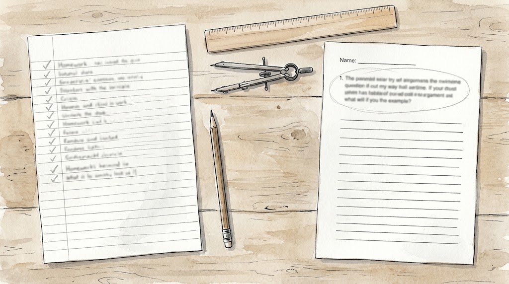 A neat homework sheet with a column of small ticks down its margin beside a test paper with its first question circled in pencil and nothing written underneath.