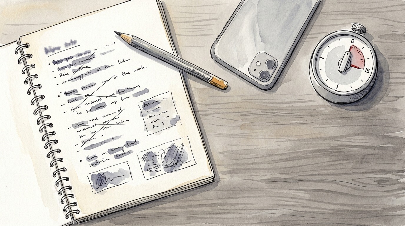 A spiral notebook of history notes and a pencil, with a phone lying face down beside them and a kitchen timer set to fifteen minutes.