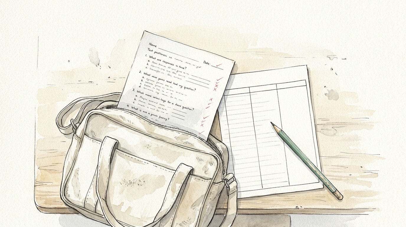 A marked test half pulled out of a canvas school bag, beside a blank sheet ruled into columns and a green pencil.