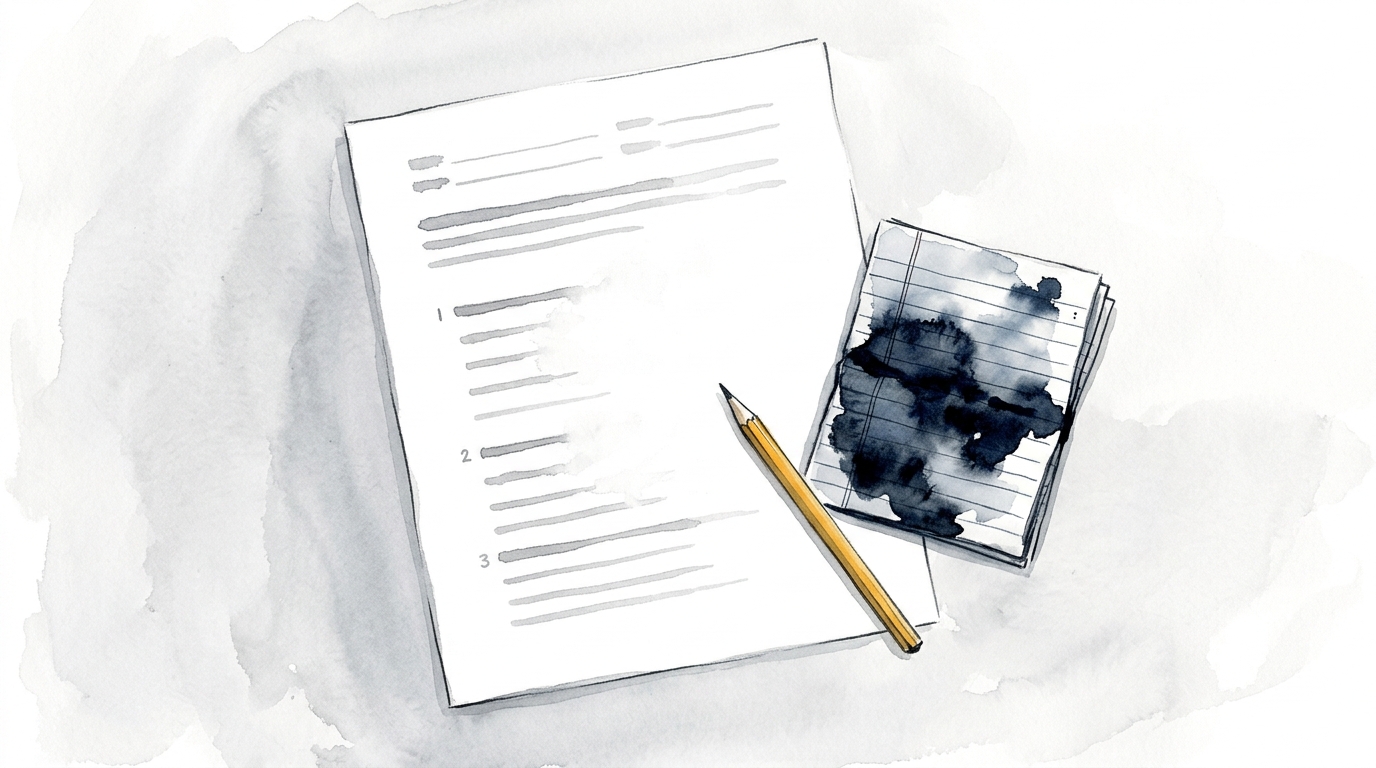 An exam paper with its questions fading into white beside a small folded note soaked through with dark ink, a yellow pencil resting between them.